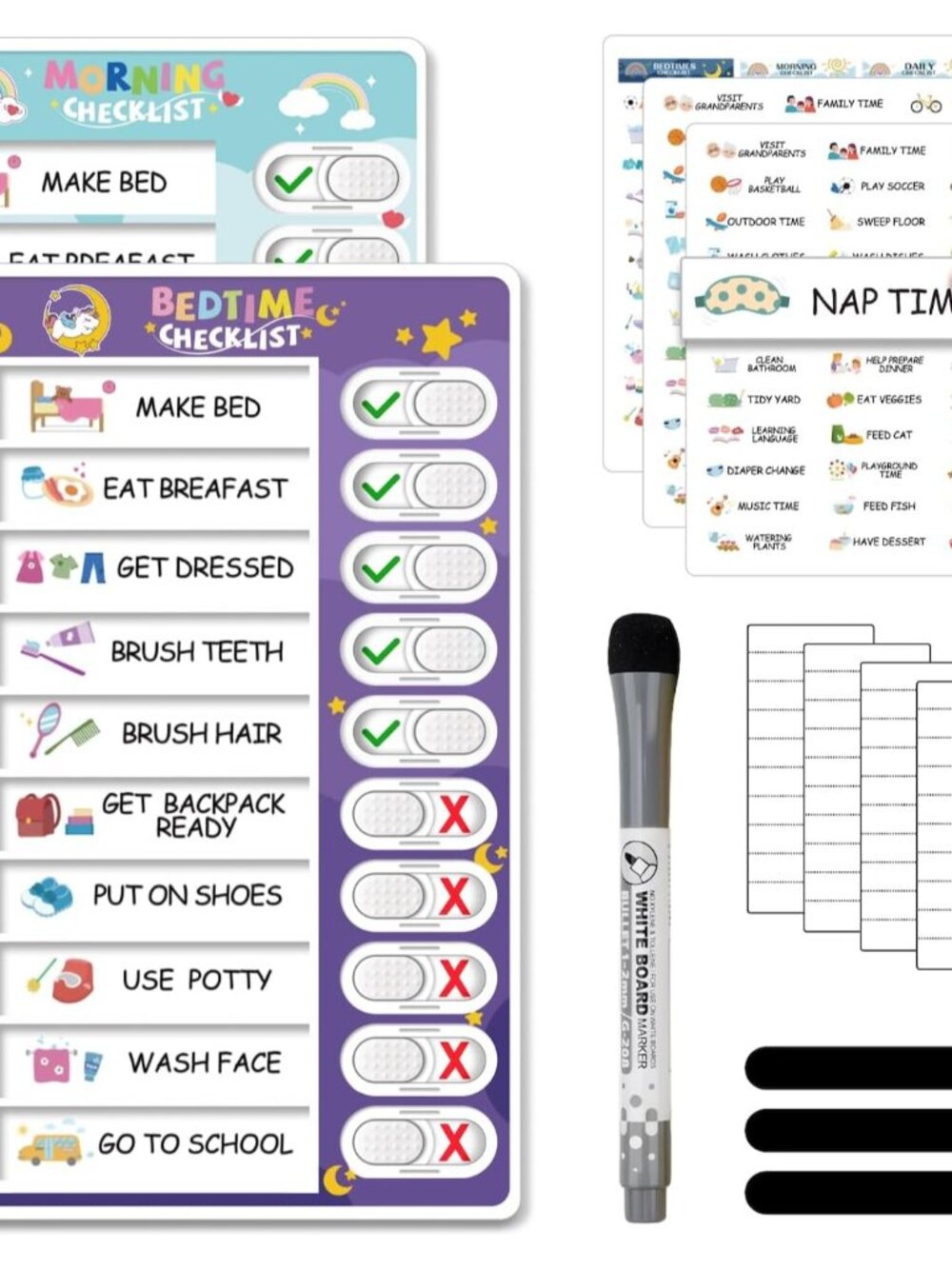 Upgraded 2 in 1 Bedtime/Morning Routine Chart - Magnetic Chore Chart, Cute Visua